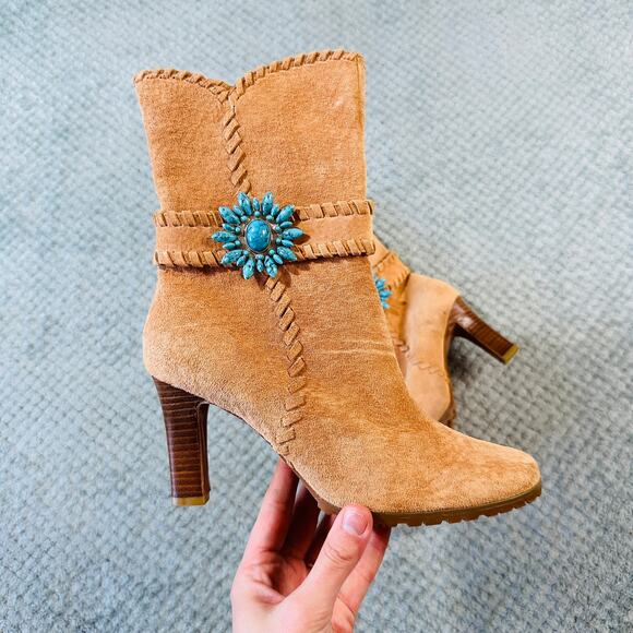 Suzanne Somers Shoes - Vintage Suzanne Somers Suede Leather Turquoise Heeled Y2K Western Ankle Boots 7